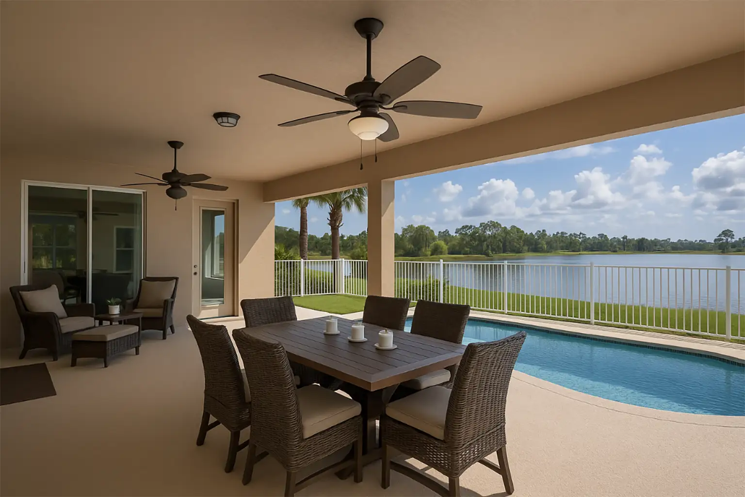 Covered outdoor living space with ceiling fans, wicker dining set, and pool overlooking a lake in a custom Florida home