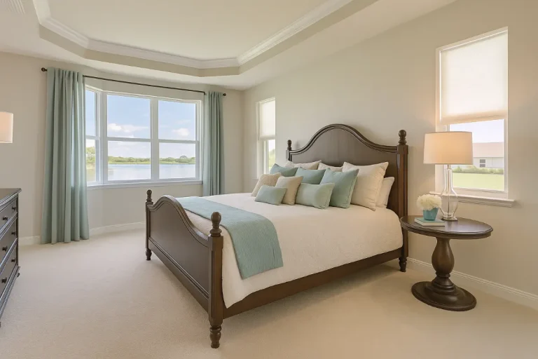 Model bedroom with large windows and water view in custom Florida home