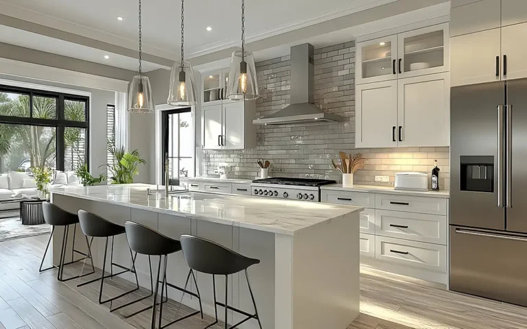 Modern kitchen with a large center island, pendant lighting, and sleek cabinetry showcasing a functional open layout.
