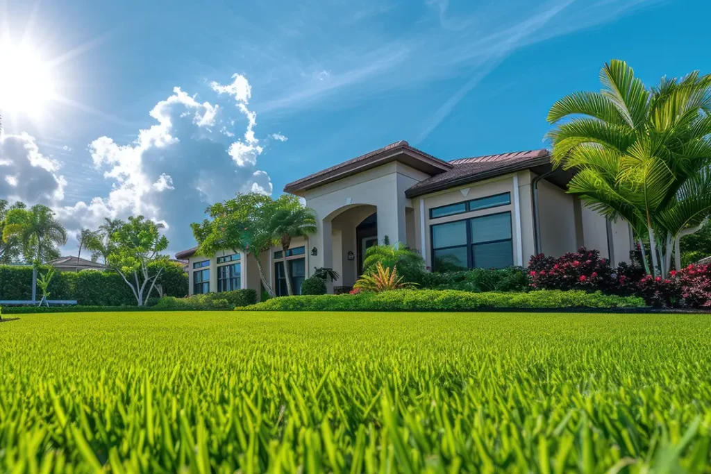 Modern Florida home with hurricane-resistant features, impact windows, and a durable roof, surrounded by lush landscaping under a bright blue sky.
