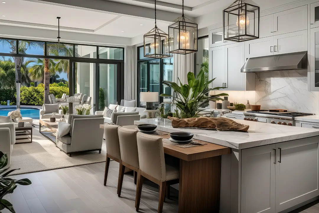 Modern living area and kitchen in an open-concept Florida home, featuring floor-to-ceiling doors leading to a pool and palm trees