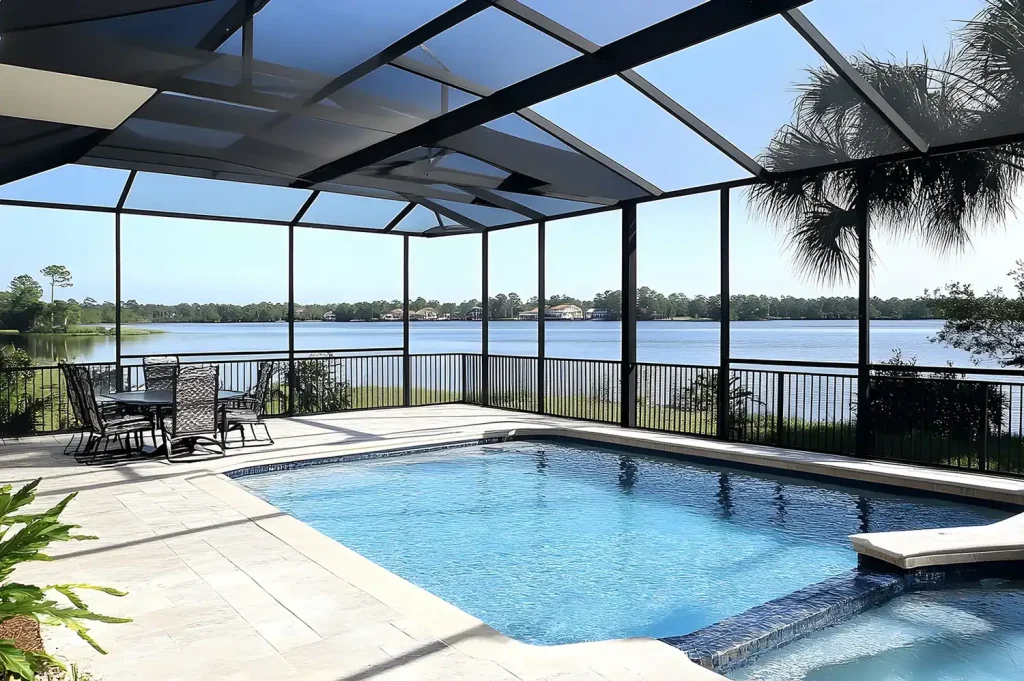 Pool and patio area protected by a screened lanai with scenic water views in Florida