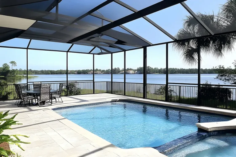 Pool and patio area protected by a screened lanai with scenic water views in Florida
