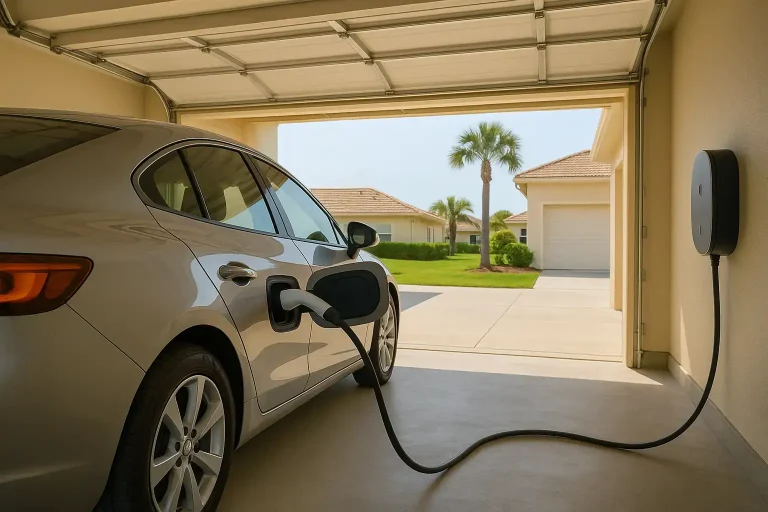 Electric vehicle charging inside a residential garage in Florida, with palm trees visible in the background