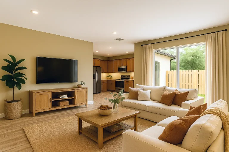 Open living room and kitchen layout with neutral earth tones, wood textures, and natural light