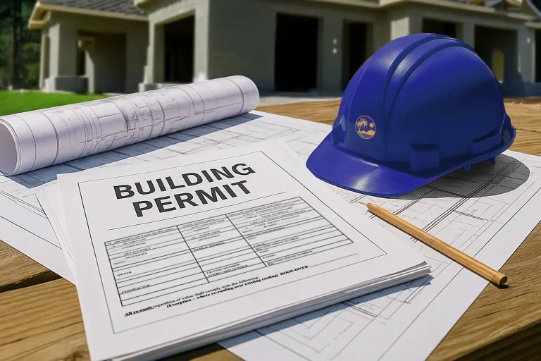 Building permit and blueprints on table with blue hard hat at residential construction site
