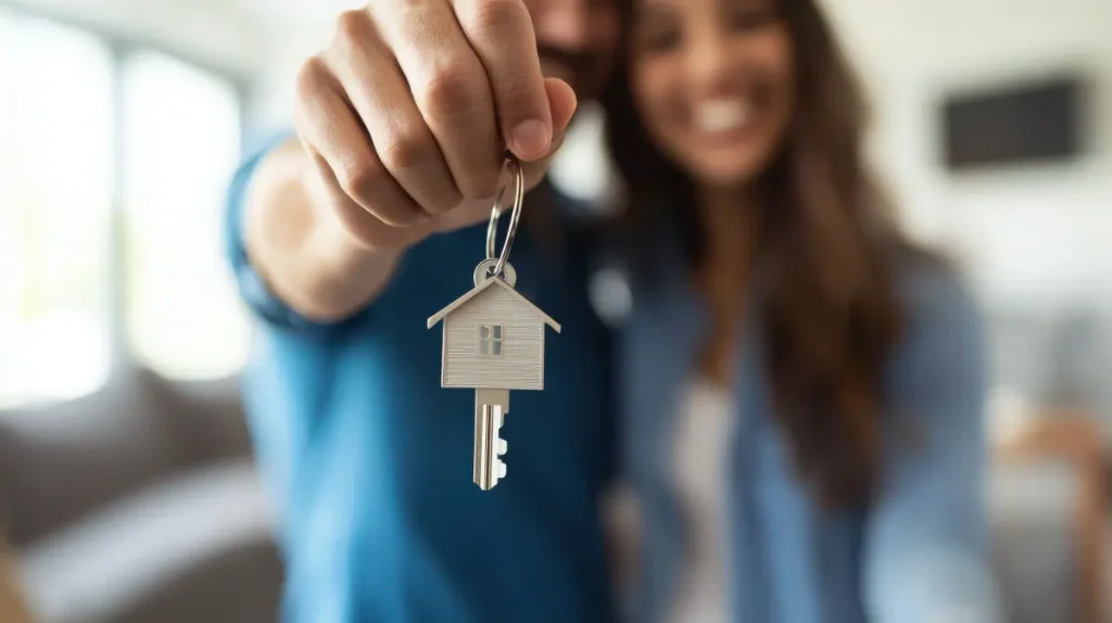 Couple holding key to new construction home with house-shaped keychain