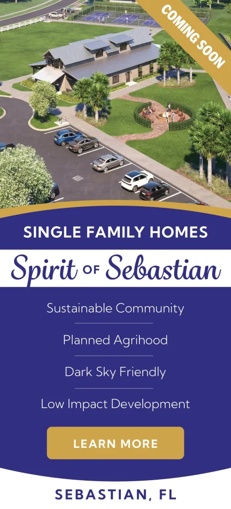 Spirit of Sebastian single family home community rendering in Sebastian Florida with clubhouse and planned sustainable neighborhood.