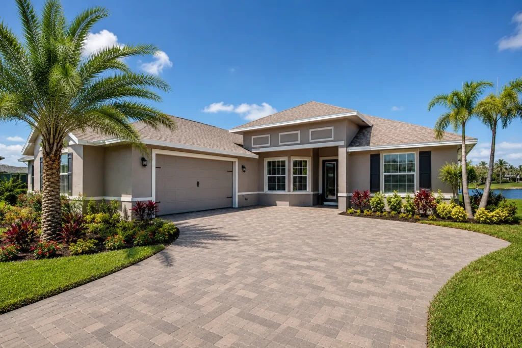 Custom Florida home with paver driveway and tropical landscaping in Vero Beach