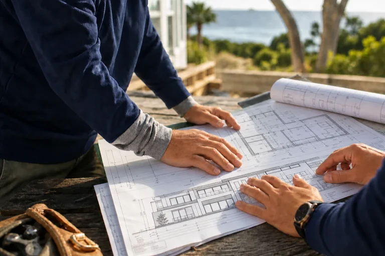 Construction professionals reviewing custom home blueprints on Florida’s Treasure Coast